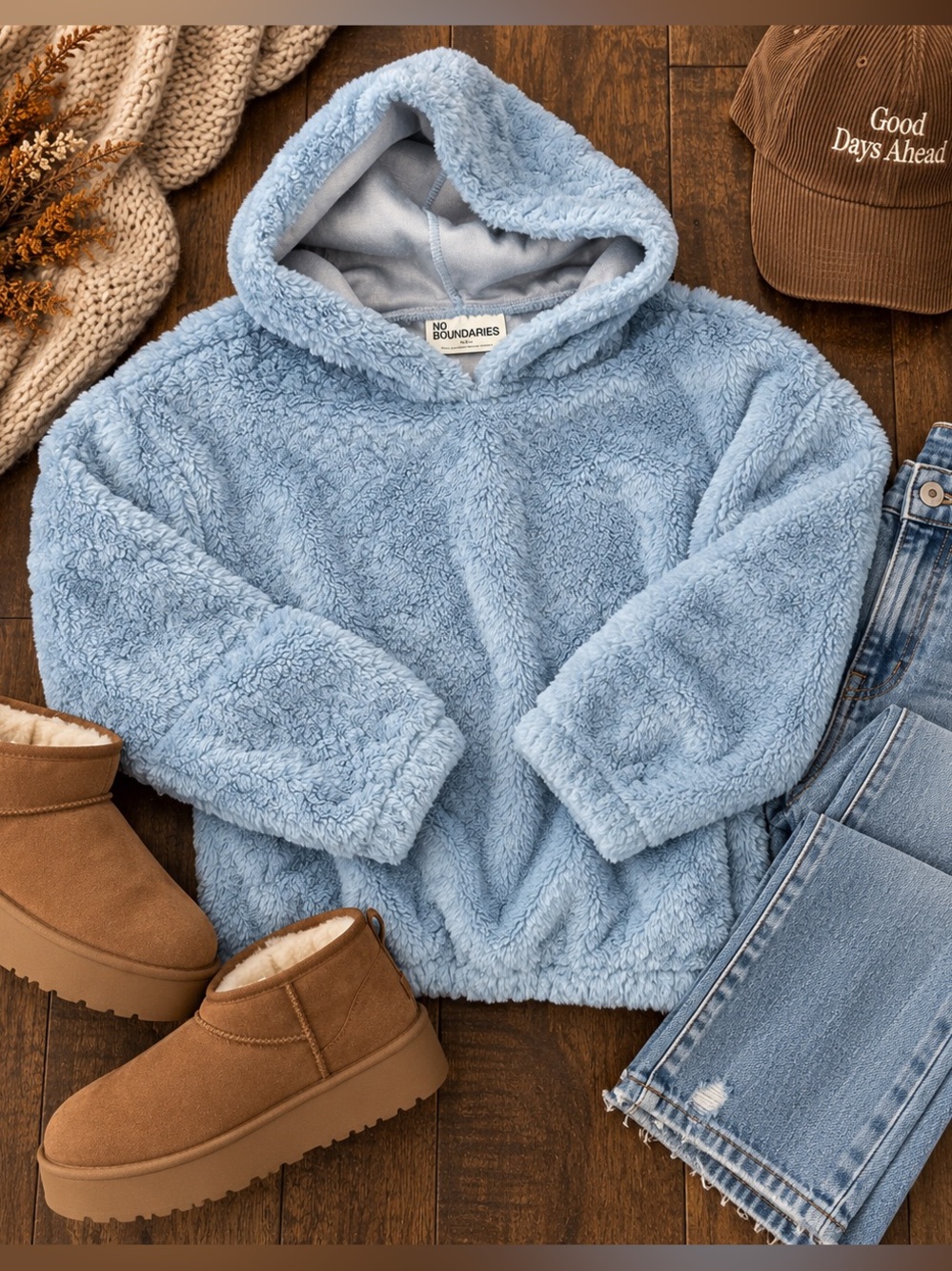 No Boundaries Baby Blue Plush Faux Fur Hoodie Pullover Size M 8-10